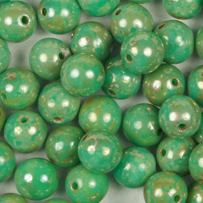 GBSR06-423 - Czech round pressed glass beads - opaque turquoise green picasso