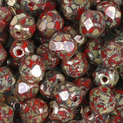 GBFP08-424 - Czech fire-polished beads - opaque coral red picasso 