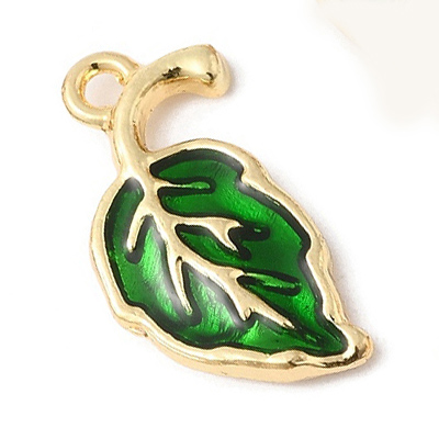 ECH14-GRN-1 - Green Enamel Leaf Charm/Pendant - light gold 