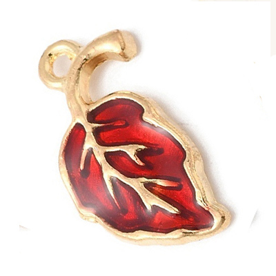 ECH14-RED-1 - Red Enamel Leaf Charm/Pendant - light gold 