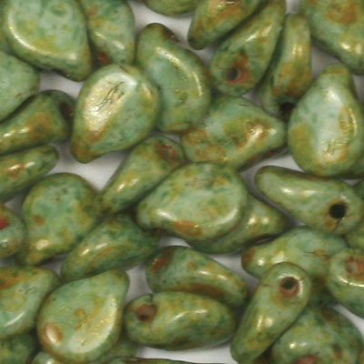 GBPIP-801 - Czech pips pressed beads - green picasso on white alabaster