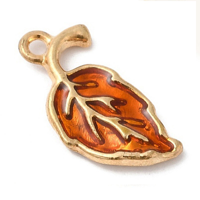 ECH14-ORAN-1 Orange Enamel Leaf Charm/Pendant - light gold 