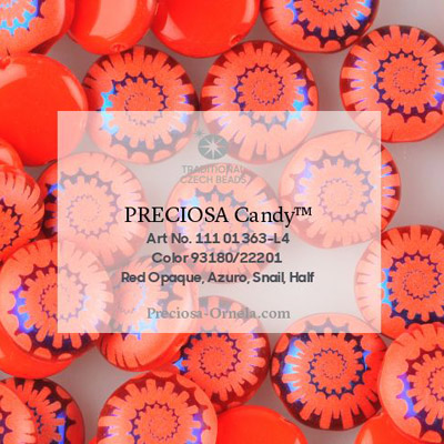 GBCDYLA08-468 Czech Candy Beads - opaque red azuro laser ammonite